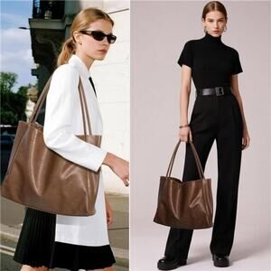 Khaki Tote Bag for Women 2 Pcs Large Casual PU Weekender Bag Soft Vegan Leather